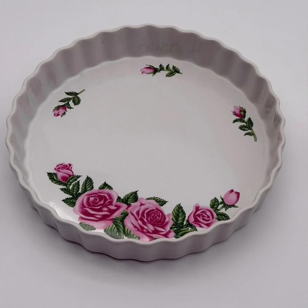 Christineholm Porcelain Quiche Tart Dish Pink Rose Fluted Round White Bakeware